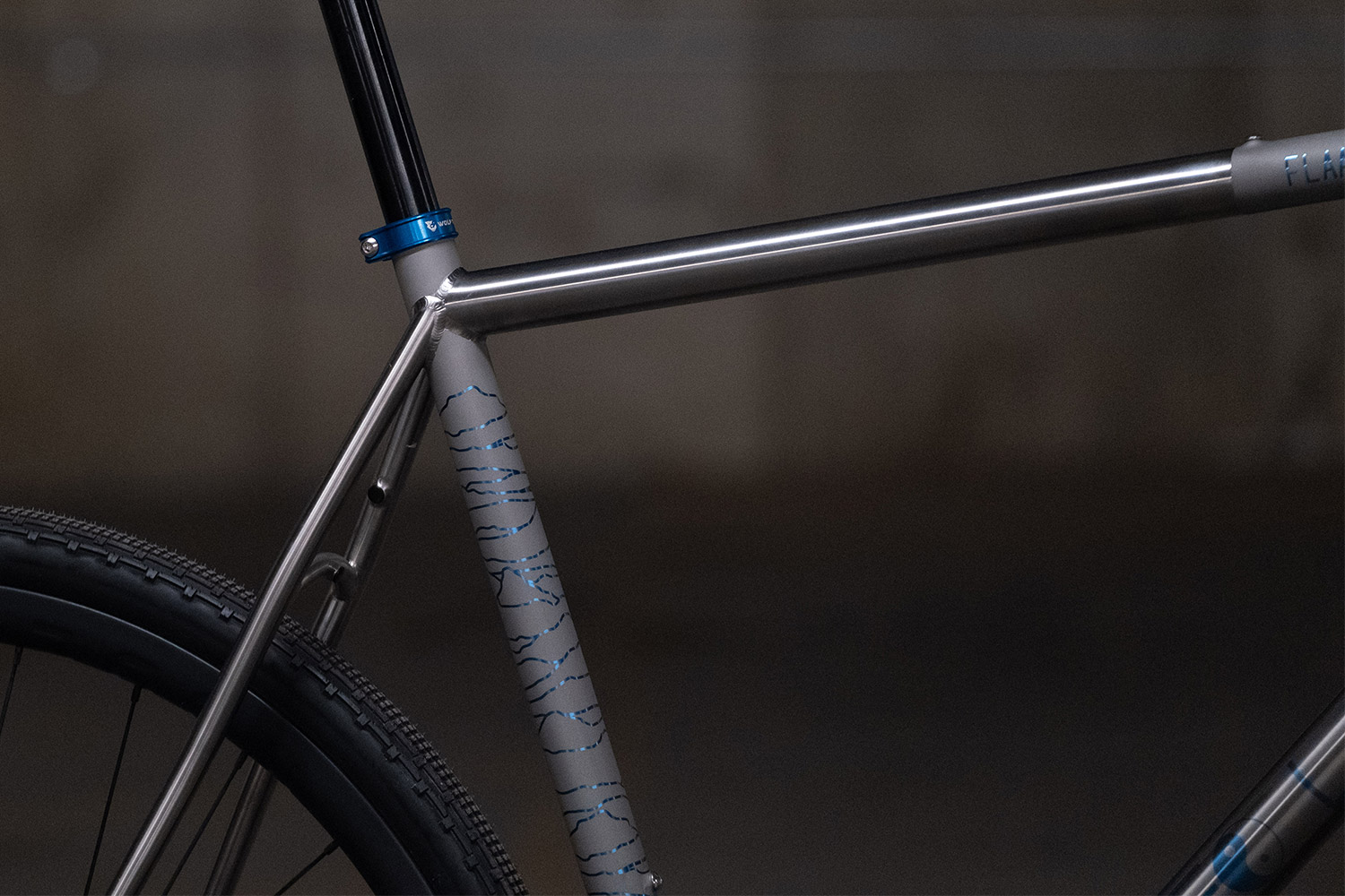 Bllue anodized titanium gravel bike. Flaanimal 5 Titanium bicycle by Rodeo Labs.