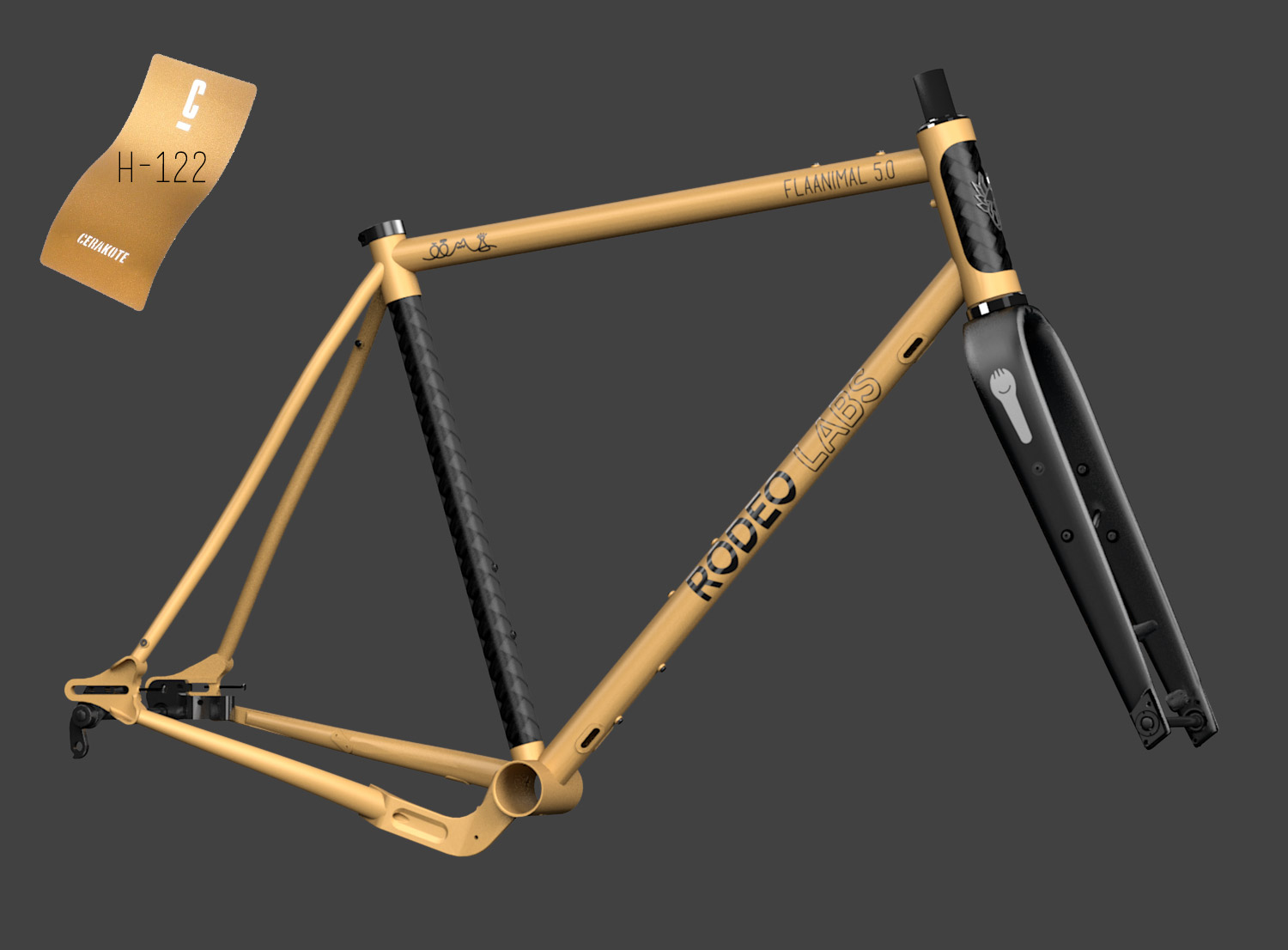A gold and black bicycle frame from Rodeo Labs, model Flanimal 50, displayed against a grey background.