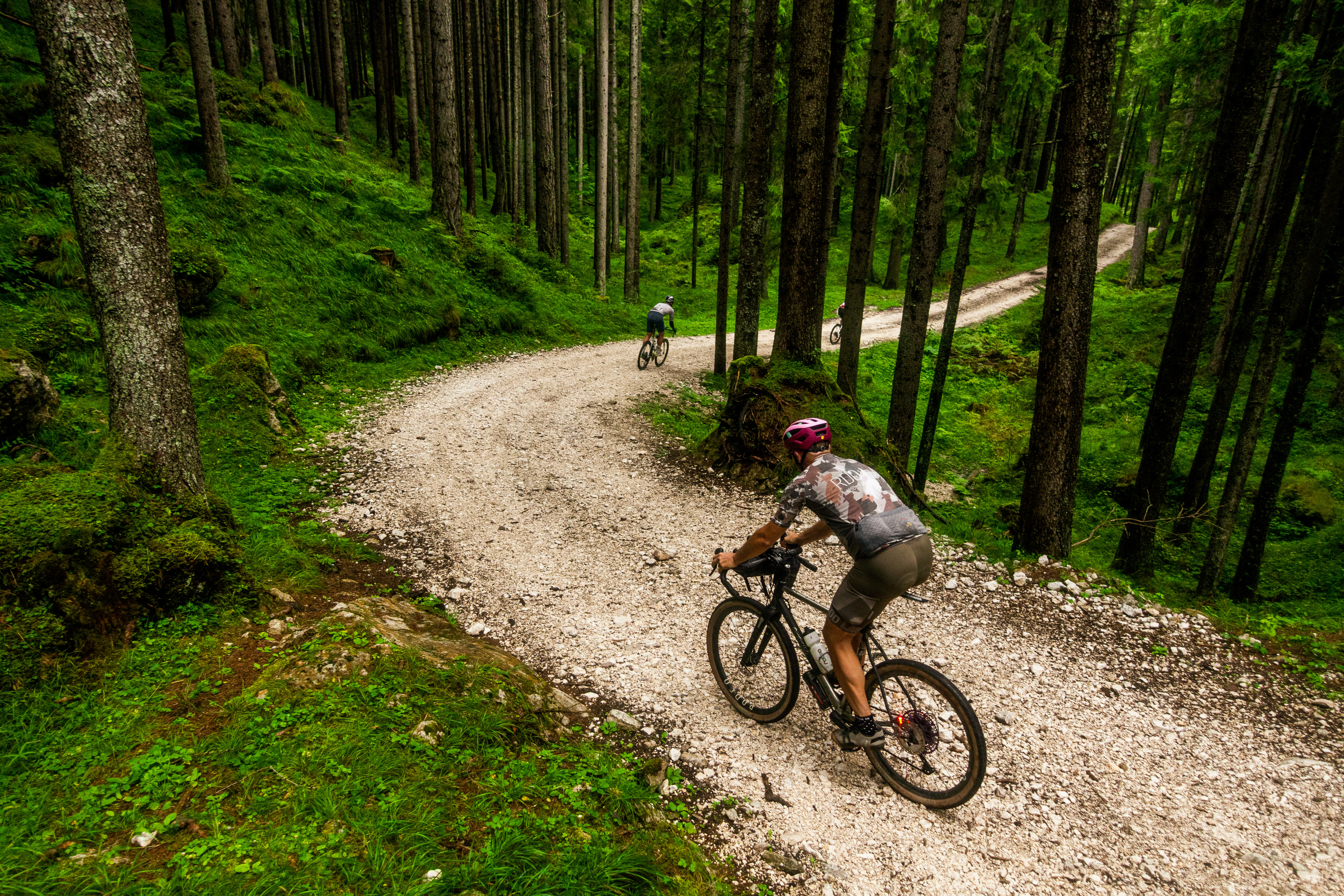 Cyclists riding on a winding gravel path through a lush green forest.