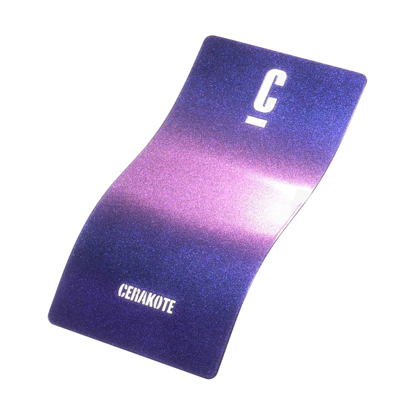 A curved color swatch displaying a gradient transition from purple to pink with a glossy finish, featuring the text 'CERAKOTE' at the bottom.