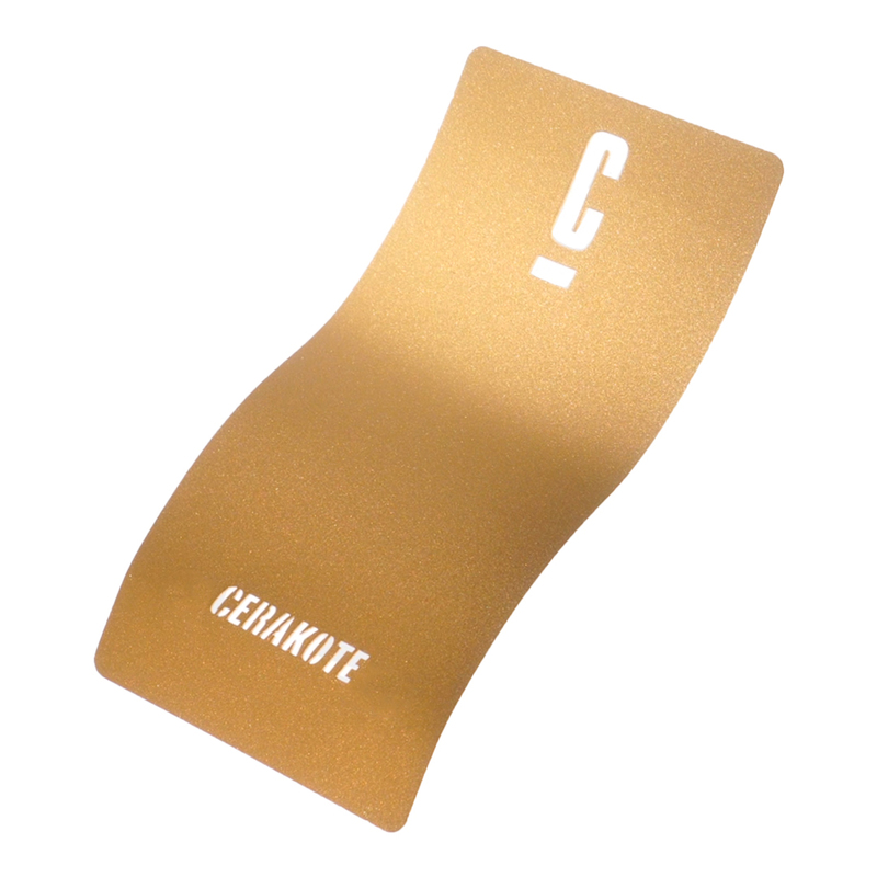 A golden Cerakote sample card showcasing a smooth, metallic finish with the brand name 'CERAKOTE' printed in white.