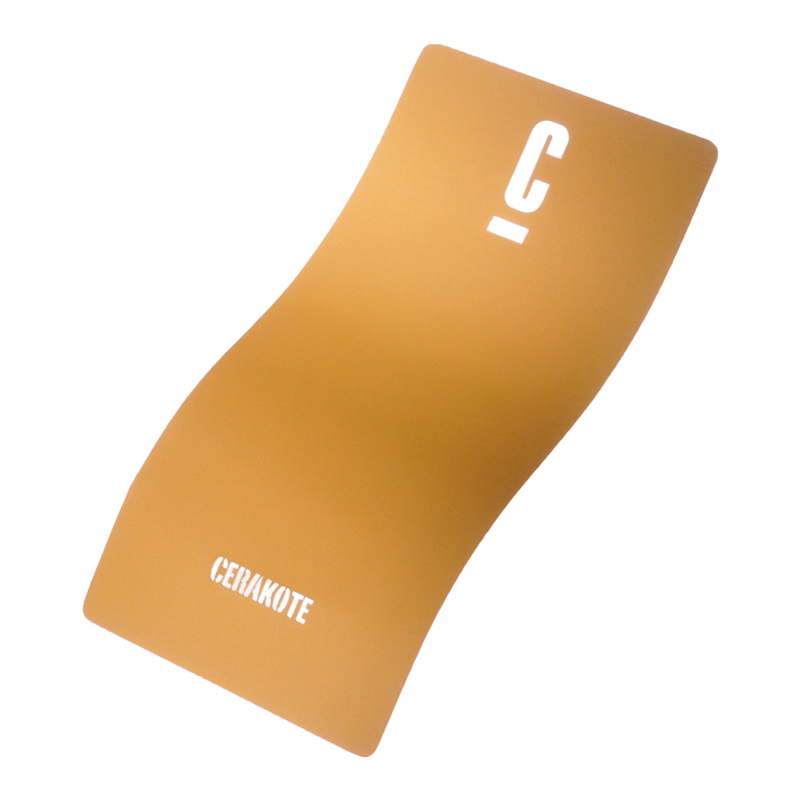 A curved, matte finish sample card in a golden color with the text 'C' and 'CERAKOTE' printed in white.