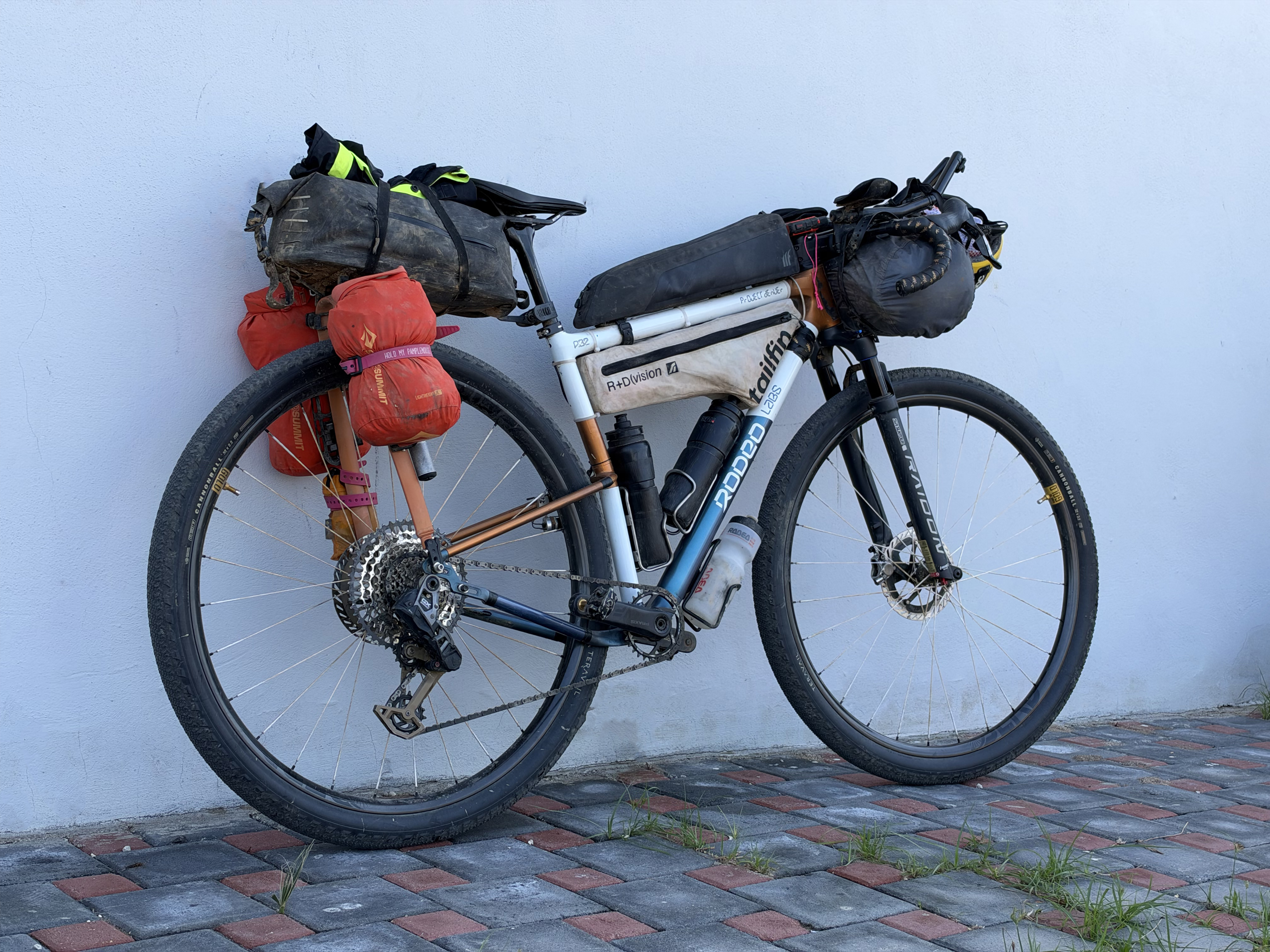 A bicycle equipped with various bags for touring, leaning against a light-colored wall.