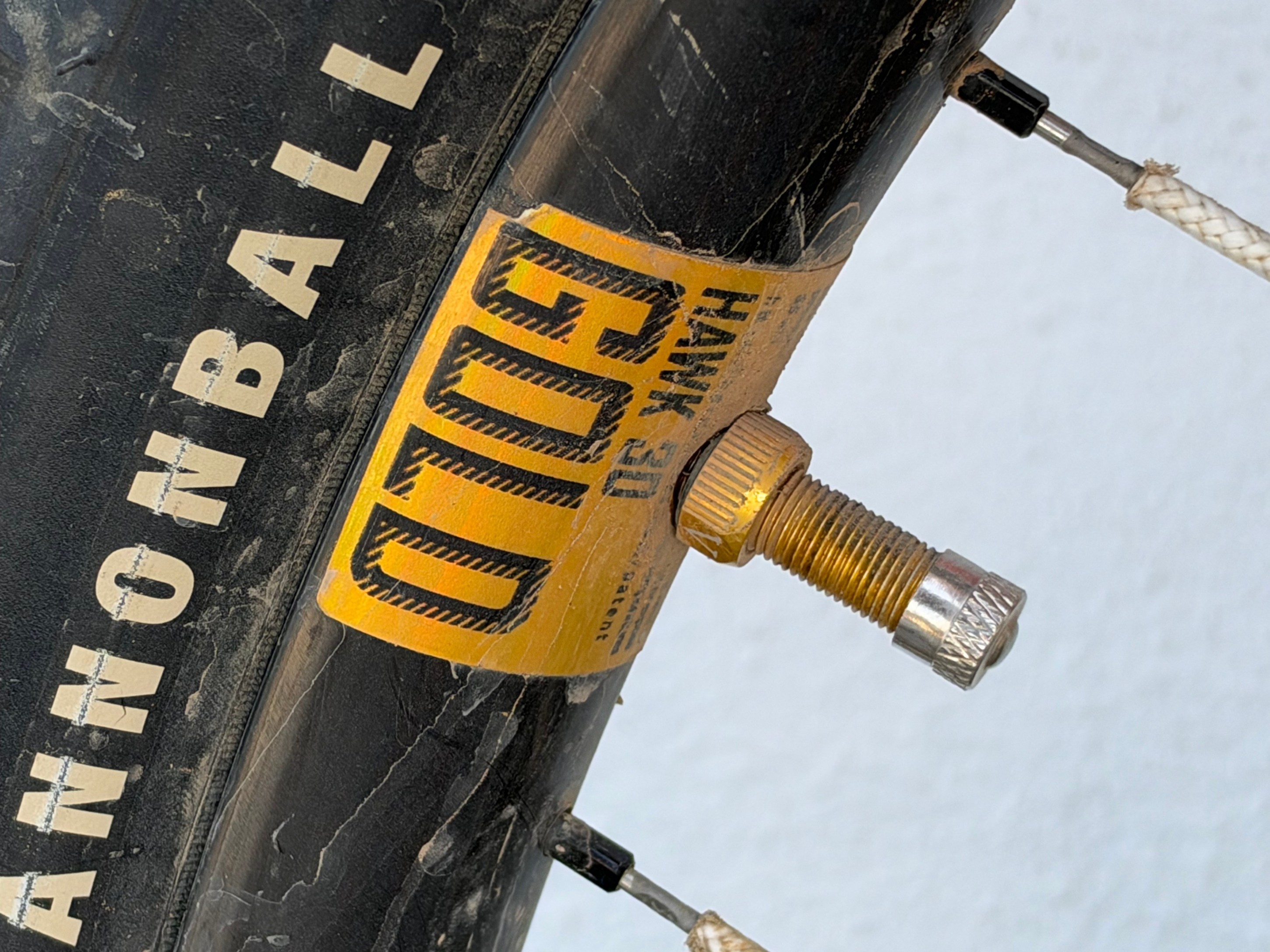Close-up of a bicycle tire with a label that reads 'Hawk 31' and a metal valve attached.